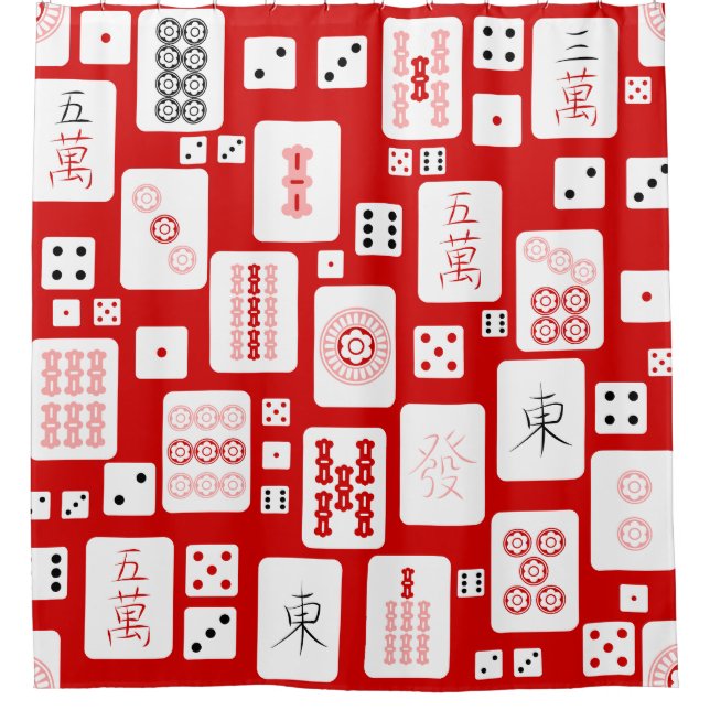 red pink mahjong chinese tiles game asian shower curtain (Front)