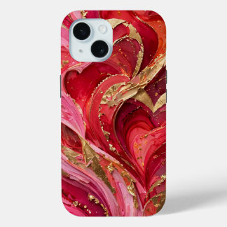 Red & Pink Marble Gold iPhone 15 phone Case