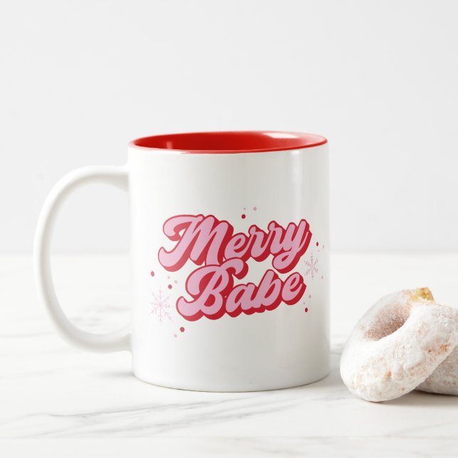 Red & Pink Merry Babe With Snowflakes Two-Tone Coffee Mug (With Donut)