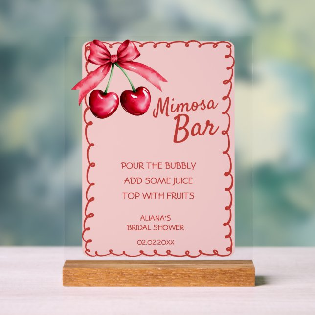 Red & Pink Mimosa Bar Cherry Bridal Shower Acrylic Sign (Neutral)