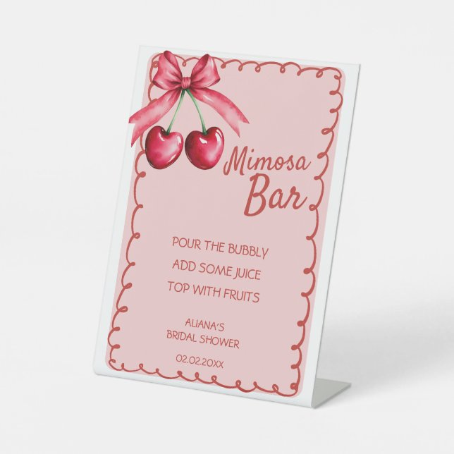 Red & Pink Mimosa Bar Cherry Bridal Shower Pedestal Sign (Front)