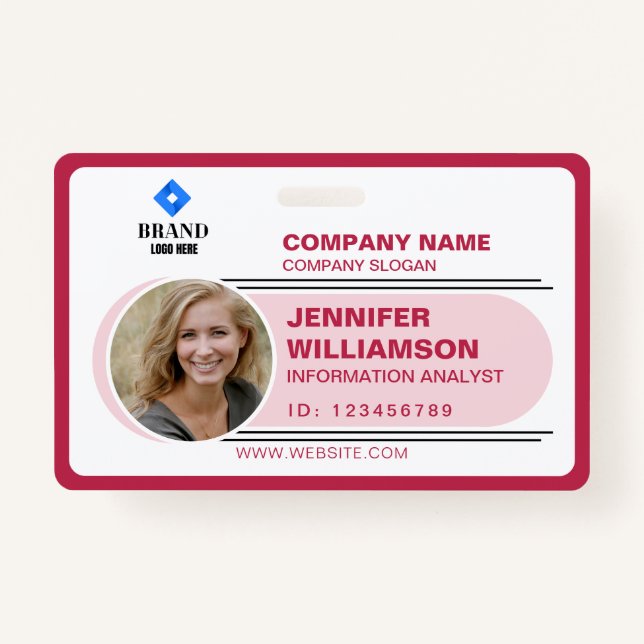 Red Pink Minimalist Business QR Employee Photo ID ID Badge (Front)