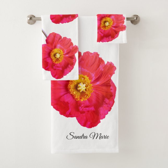 Red Pink Modern Poppies Poppy Flower Bath Towel Set (Insitu)