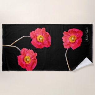 Red Pink Modern Poppies Poppy Flower Black  Beach  Beach Towel