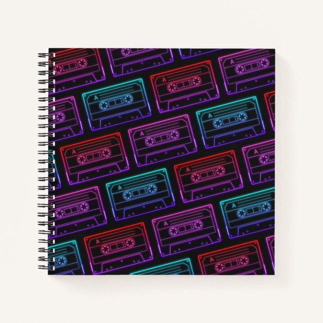 Red Pink Neon Cassette Tape Pattern Spiral Notebook (Front)