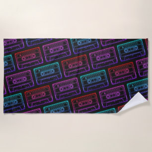 Red Pink Neon Retro Cassette Tape Pattern Beach Towel