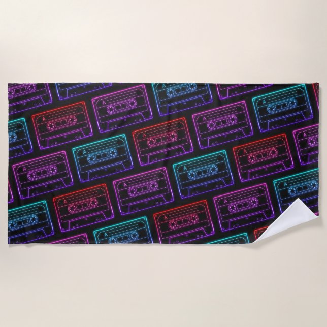 Red Pink Neon Retro Cassette Tape Pattern  Beach Towel (Front)