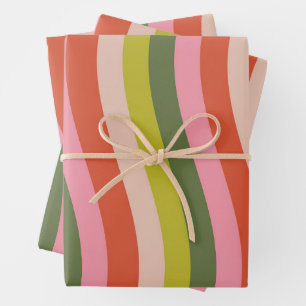 Red Pink Olive Green Retro Christmas Wavy Stripe Wrapping Paper Sheet