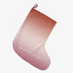 Red Pink Ombre Gold Glitter Confetti Large Christmas Stocking