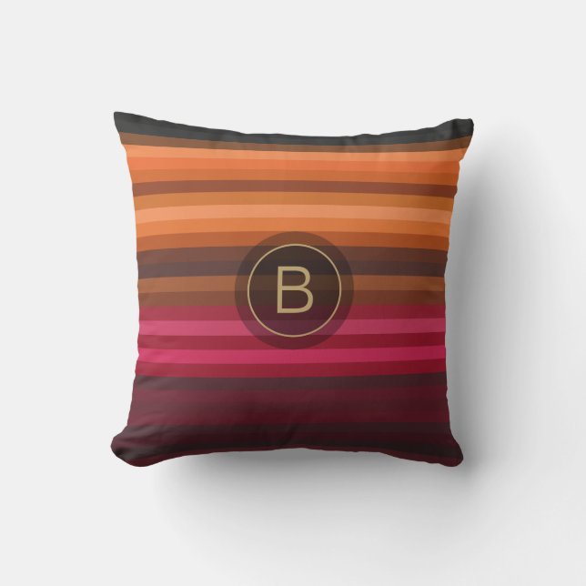 Red Pink Orange Brown Grey Chic Stripes Monogram Cushion (Front)