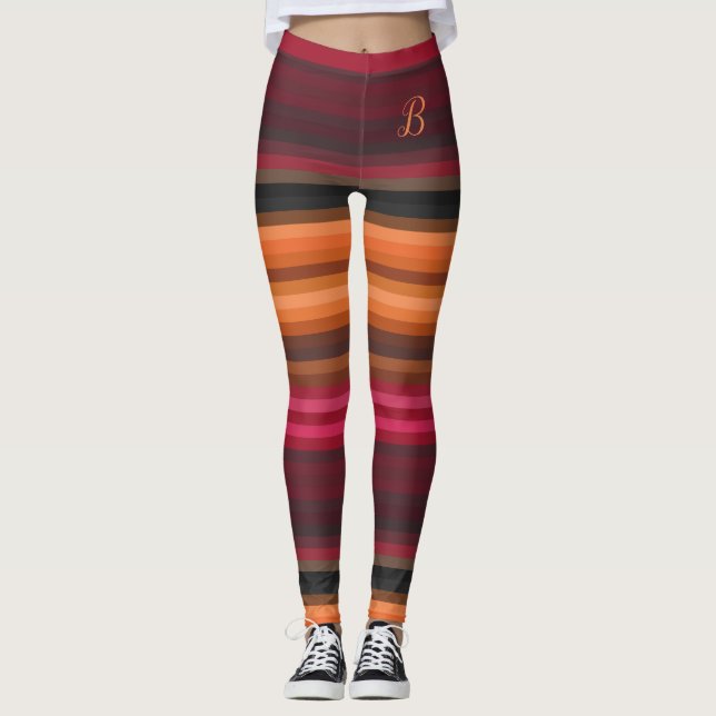 Red Pink Orange Brown Grey Girly Stripes Monogram Leggings (Front)