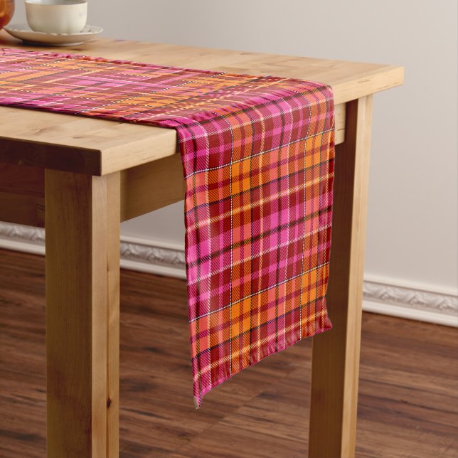 Red Pink Orange Plaid Tartan Design  Short Table Runner (In Situ)