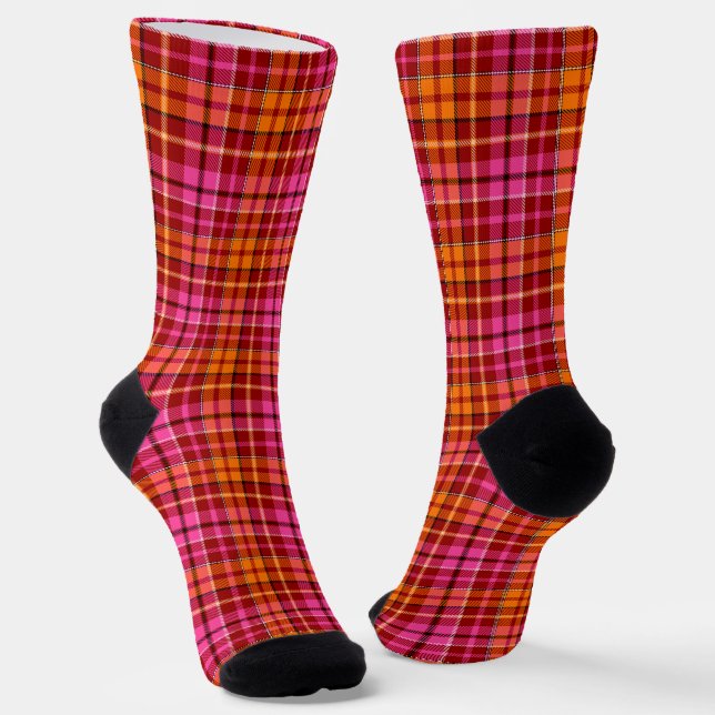 Red Pink Orange Plaid Tartan Design  Socks (Angled)