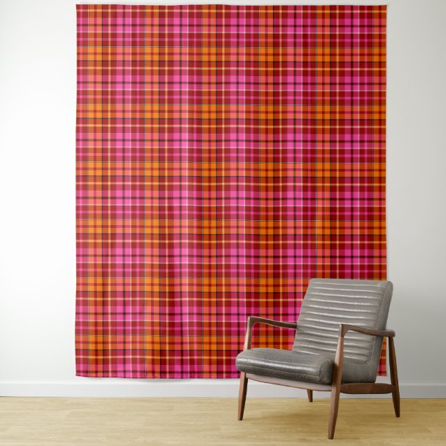 Red Pink Orange Plaid Tartan Design  Tapestry (In Situ)