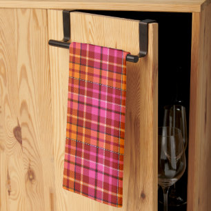 Red Pink Orange Plaid Tartan Design Tea Towel