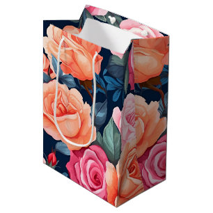 Red Pink Orange Roses Pattern Chiffon Medium Gift Bag