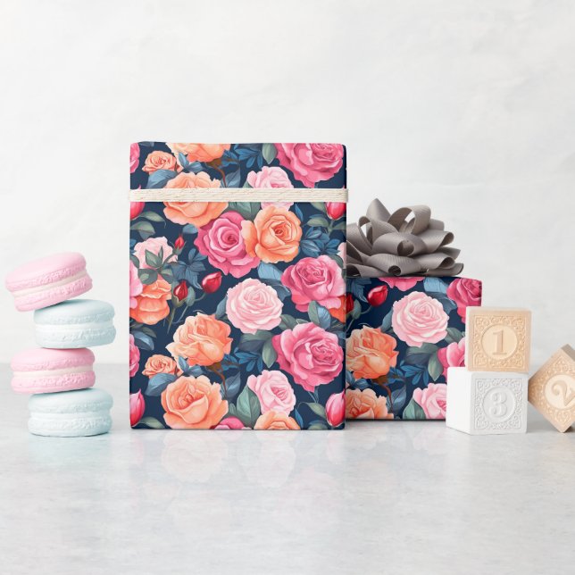 Red Pink Orange Roses Pattern Chiffon Wrapping Paper (Baby Shower)