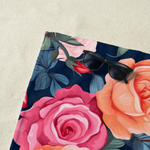 Red Pink Orange Roses Pattern Design Beach Towel