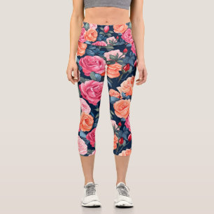 Red Pink Orange Roses Pattern Design Capri Leggings