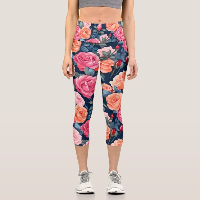 Red Pink Orange Roses Pattern Design Capri Leggings (Front)