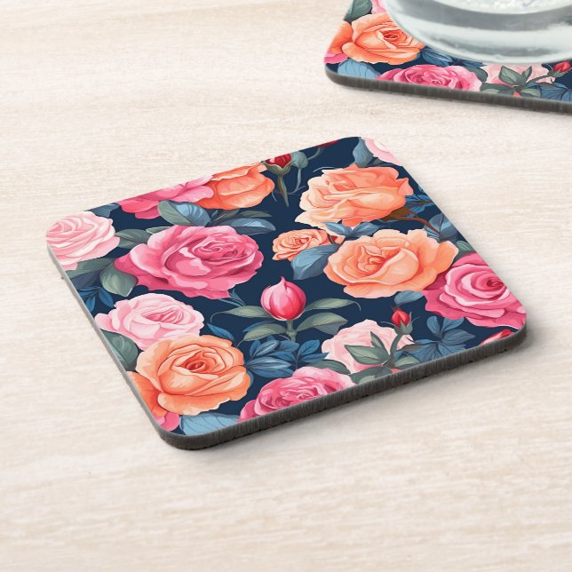Red Pink Orange Roses Pattern Design Coaster (Left Side)