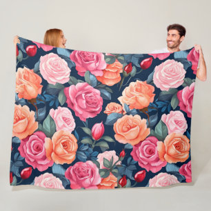Red Pink Orange Roses Pattern Design Fleece Blanket
