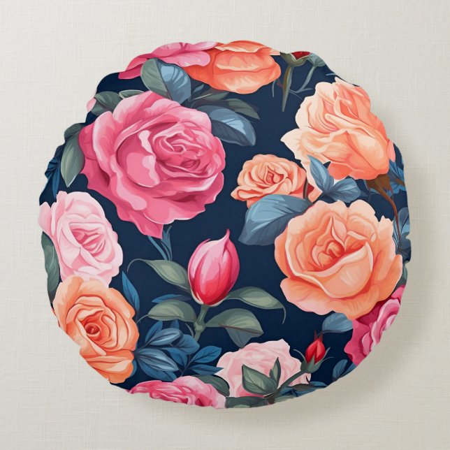 Red Pink Orange Roses Pattern Design Round Cushion (Front)