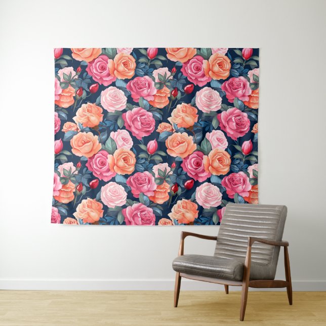 Red Pink Orange Roses Pattern Design Tapestry (In Situ (Horizontal))