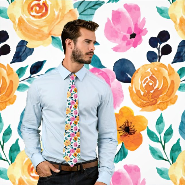 Red, Pink & Orange Watercolor Floral Pattern Tie (Man wears colorful floral pattern necktie. Background matches tie.)