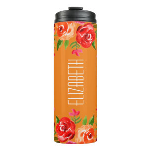 Red Pink Orange Watercolor Flowers on Orange Thermal Tumbler