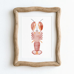 Red Pink Orange Watercolor Lobster Coastal Art Poster