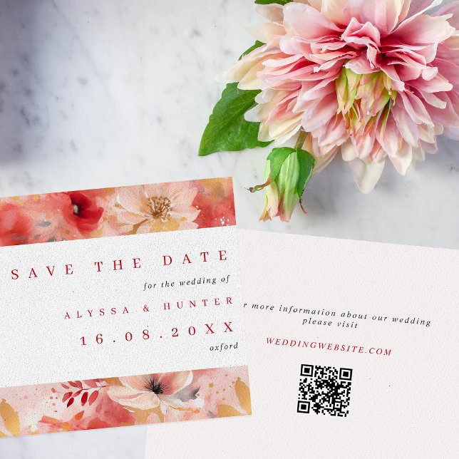Red & Pink Painterly Floral QR Code Wedding Save The Date (Creator Uploaded)
