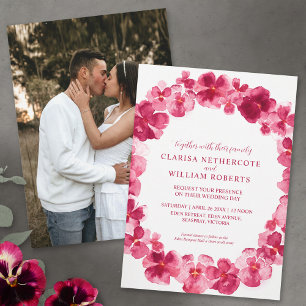 Red pink pansy watercolor flower wedding  invitation
