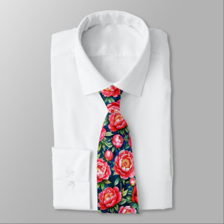 Red Pink Peonies & Green Leaves Blue Pattern Tie