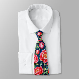 Red Pink Peonies & Green Leaves Blue Pattern Tie