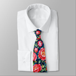 Red Pink Peonies & Green Leaves Blue Pattern Tie