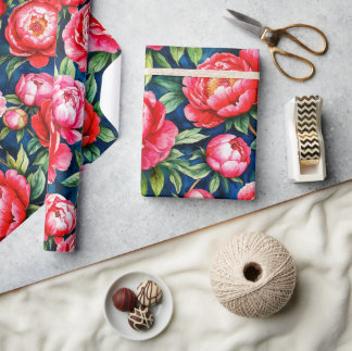 Red Pink Peonies & Green Leaves Blue Pattern Wrapping Paper