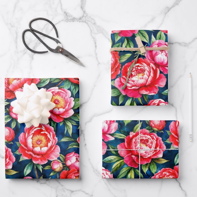 Red Pink Peonies & Green Leaves Blue Pattern Wrapping Paper Sheet (Front)