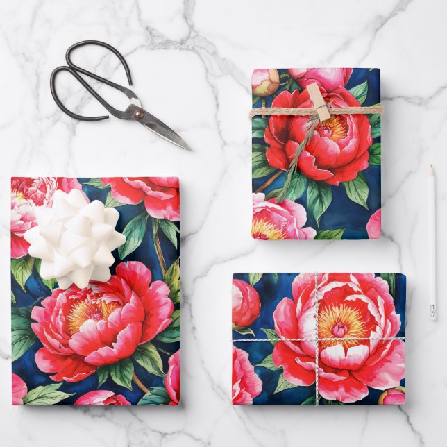 Red Pink Peonies & Green Leaves Blue Pattern Wrapping Paper Sheet (Front)