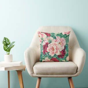Red Pink Peonies & Green Leaves Pattern Cushion
