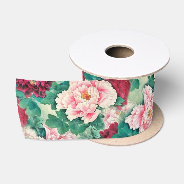 Red Pink Peonies & Green Leaves Pattern Satin Ribbon (Spool)