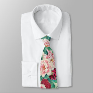 Red Pink Peonies & Green Leaves Pattern Tie