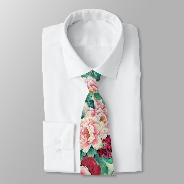 Red Pink Peonies & Green Leaves Pattern Tie (Tied)