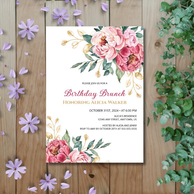 Red Pink Peony Gold Leaf Greenery Birthday Brunch Invitation (Creator Uploaded)