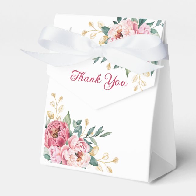 Red Pink Peony Gold Leaf Greenery Birthday Favour Box (Front Side)