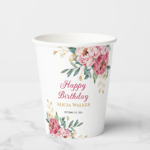 Red Pink Peony Gold Leaf Greenery Birthday Paper Cups