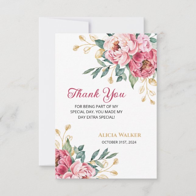 Red Pink Peony Gold Leaf Greenery Birthday  Thank You Card (Front)