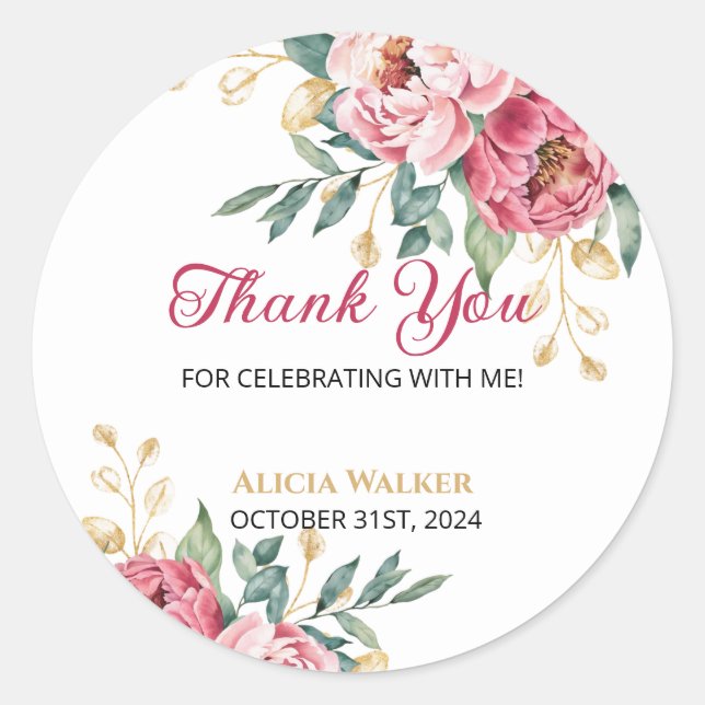 Red Pink Peony Gold Leaf Greenery Birthday Thanks Classic Round Sticker (Front)