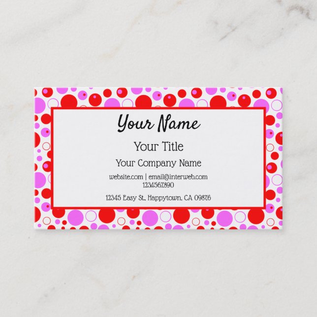 Red Pink Polka Dots and Circles Editable Business Card (Front)