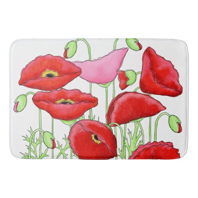 Red Pink Poppies Art Custom Decorative Bath Mat (Front)